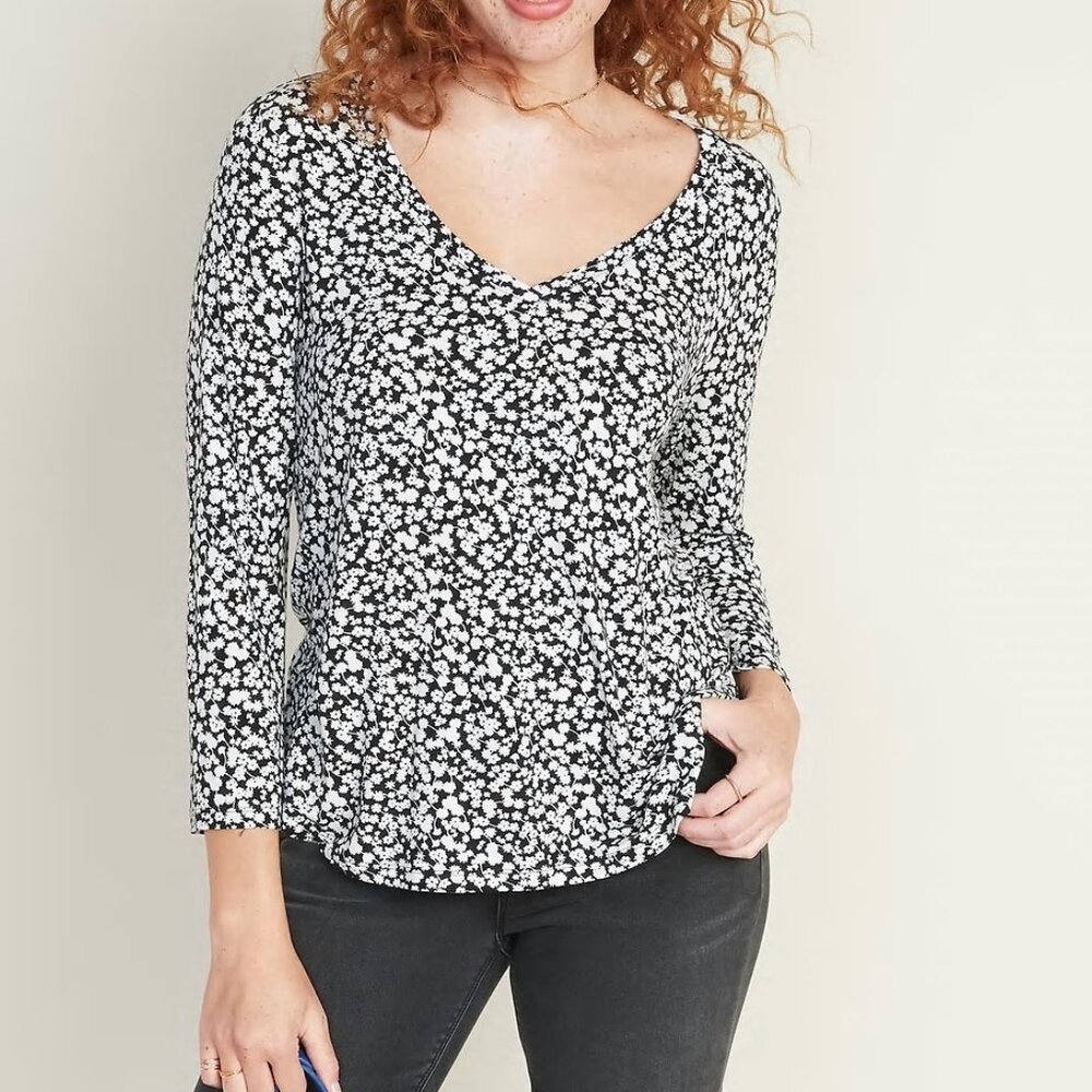 Old Navy Luxe Floral V-Neck Top ¾ Sleeve High Low Black & White Size XL Petite